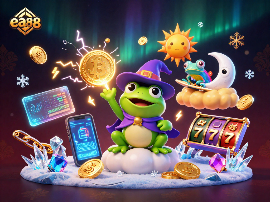ea88 offers thrilling gameplay with a wizard frog amidst golden coins and slot reels.