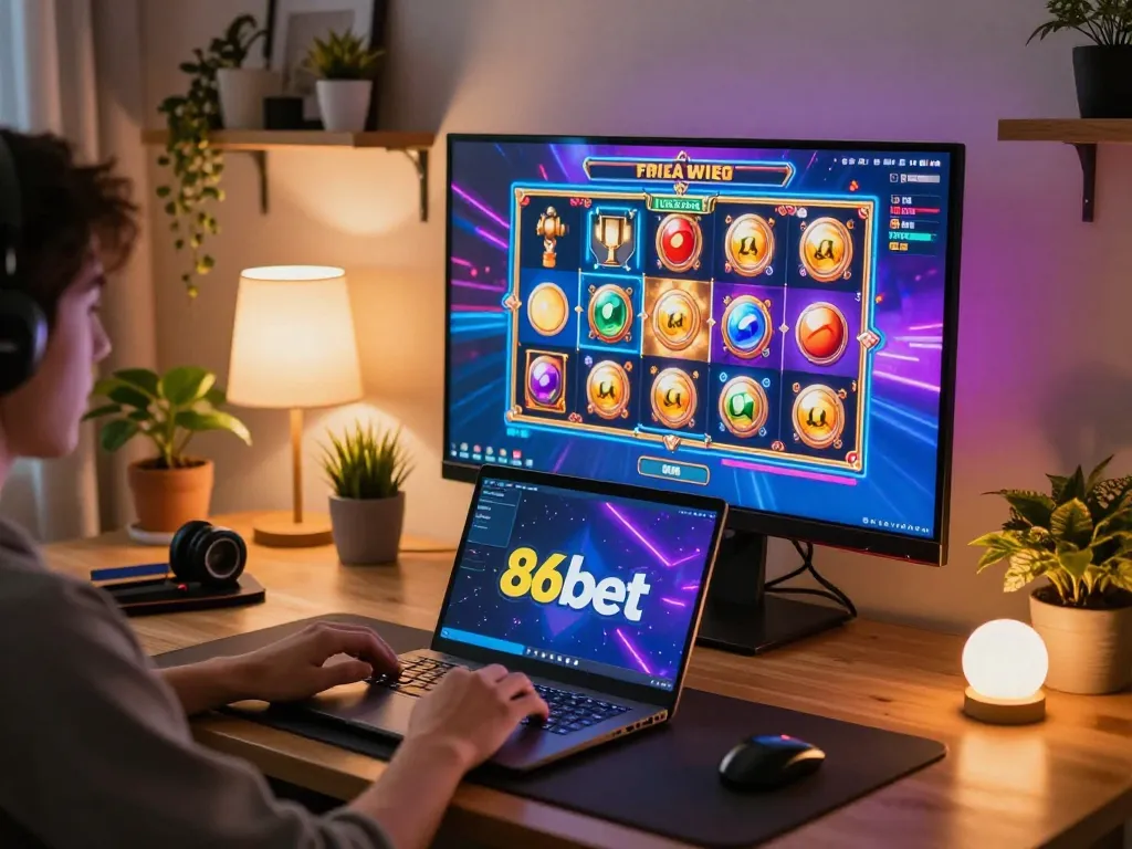 Player experiencing 86bet's exciting slot games from a modern home setup, showcasing strategic online gaming.