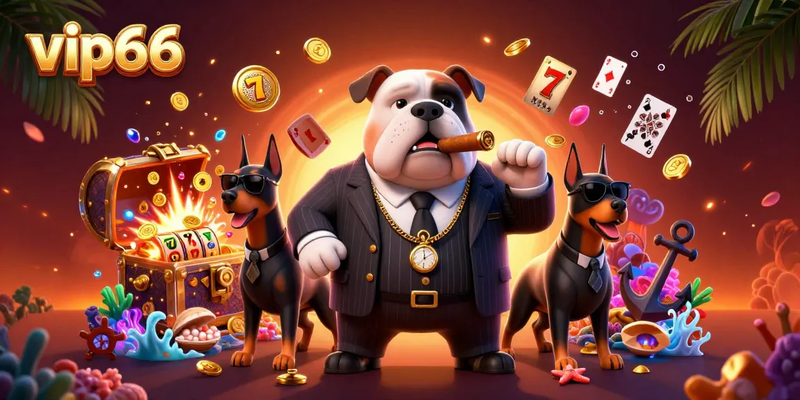 Elevate your game with vip66 in this vibrant casino scene featuring a mafia bulldog and treasures.