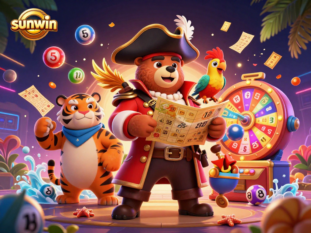Win big with sunwin's exciting lottery gameplay featuring a vibrant pirate scene.