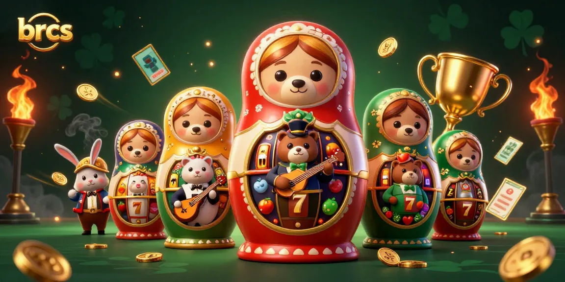 Engage with brcs's vibrant casino illustration showcasing Matryoshka bears and interactive gaming elements.