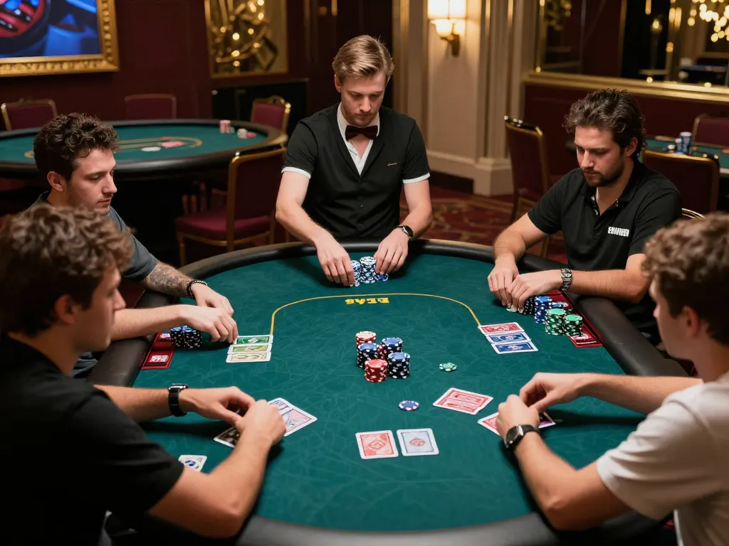Bet168 poker players in action during an intense game night with elegant casino atmosphere