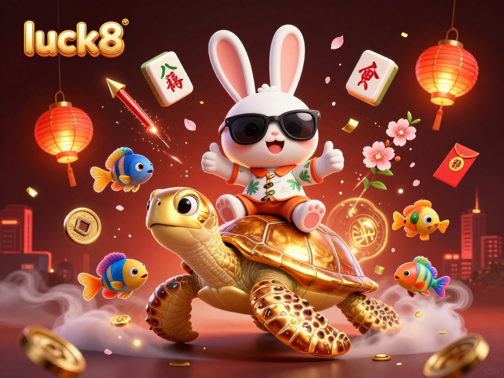 Experience exciting gameplay with luck8 in a vibrant 3D casino scene featuring a lucky rabbit and sea turtle.