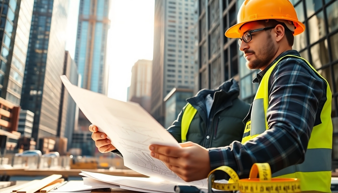 New York City General Contractor analyzing construction plans at a busy site.