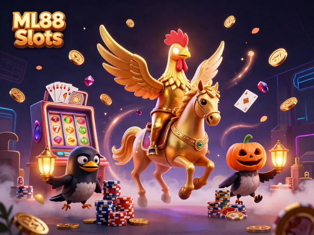 Experience exciting ML88 Slots action with dynamic characters and vibrant casino elements in this epic scene.