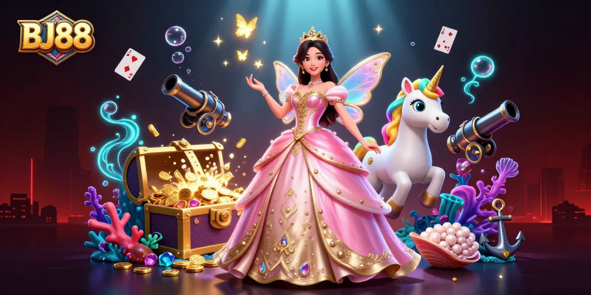 Experience the thrill of BJ88 with a glamorous illustration featuring Asian casino characters and dynamic gaming elements.