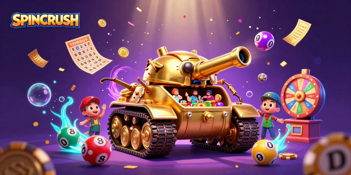 Engage in thrilling gameplay with SPINCRUSH as a golden beetle tank reveals its casino interior amidst vibrant gaming elements.