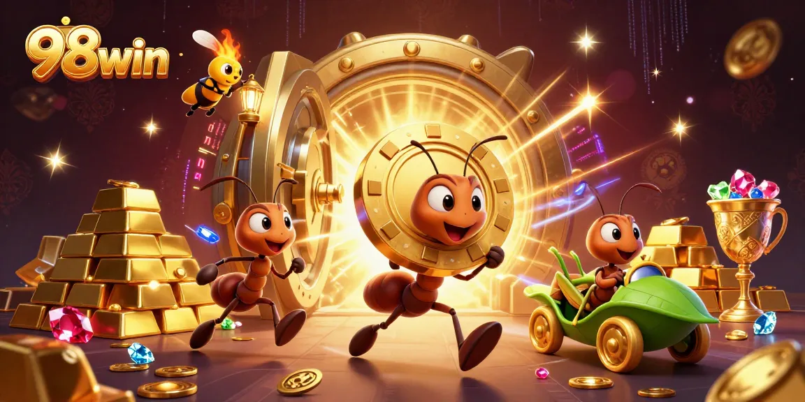 Engage in thrilling adventures at 98win as ants masterfully carry a massive poker chip through a dazzling treasure vault.