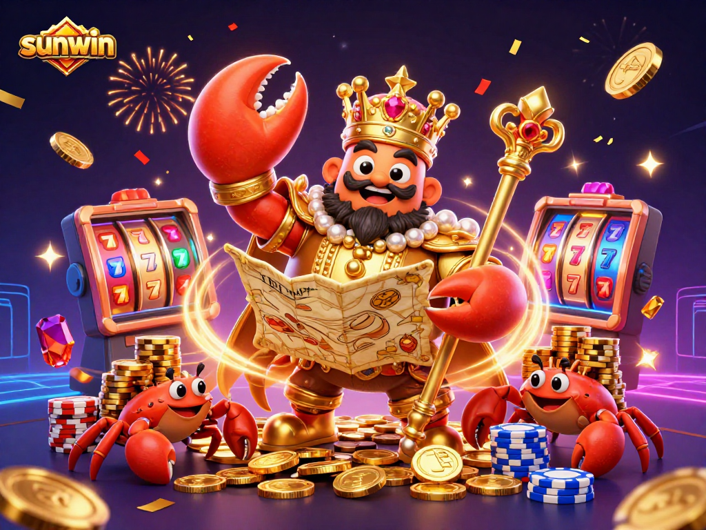Experience gambling thrills with sunwin's playful crab emperor surrounded by riches and vibrant casino elements.