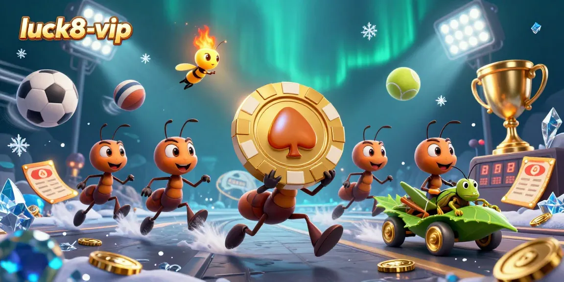 Engage with luck8-vip’s thrilling casino adventures, featuring charming ants heisting giant poker chips!