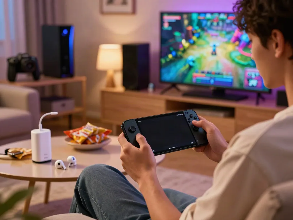 Engaged user playing ORION88 mobile gaming app in a cozy living room.