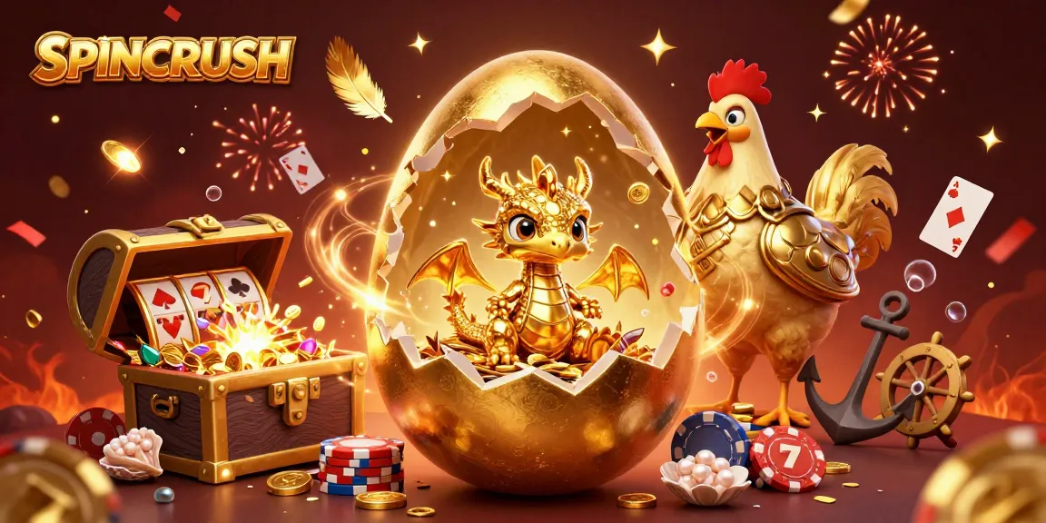 Experience winning thrills with SPINCRUSH, showcasing vibrant gaming elements and gold treasures in dynamic action.
