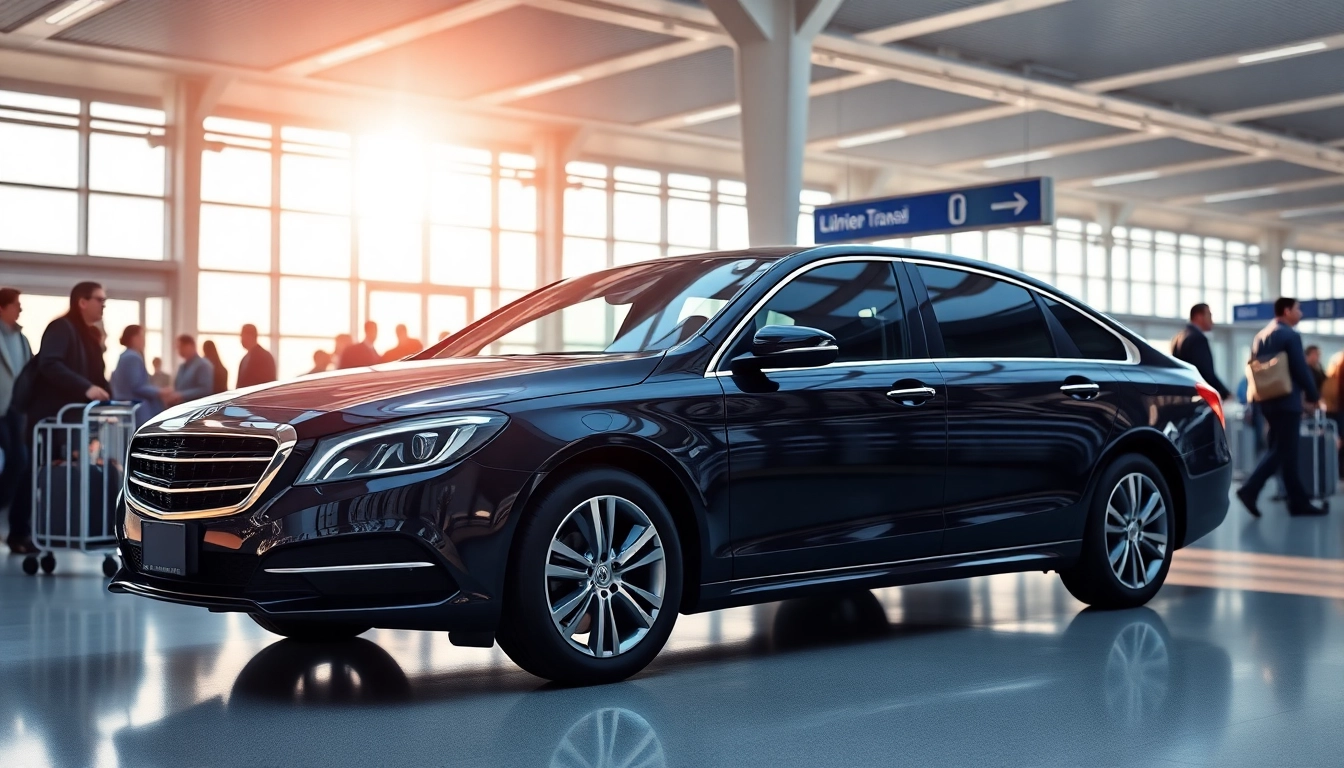 Efficient airport transfers with a professional sedan parked at a busy airport terminal.