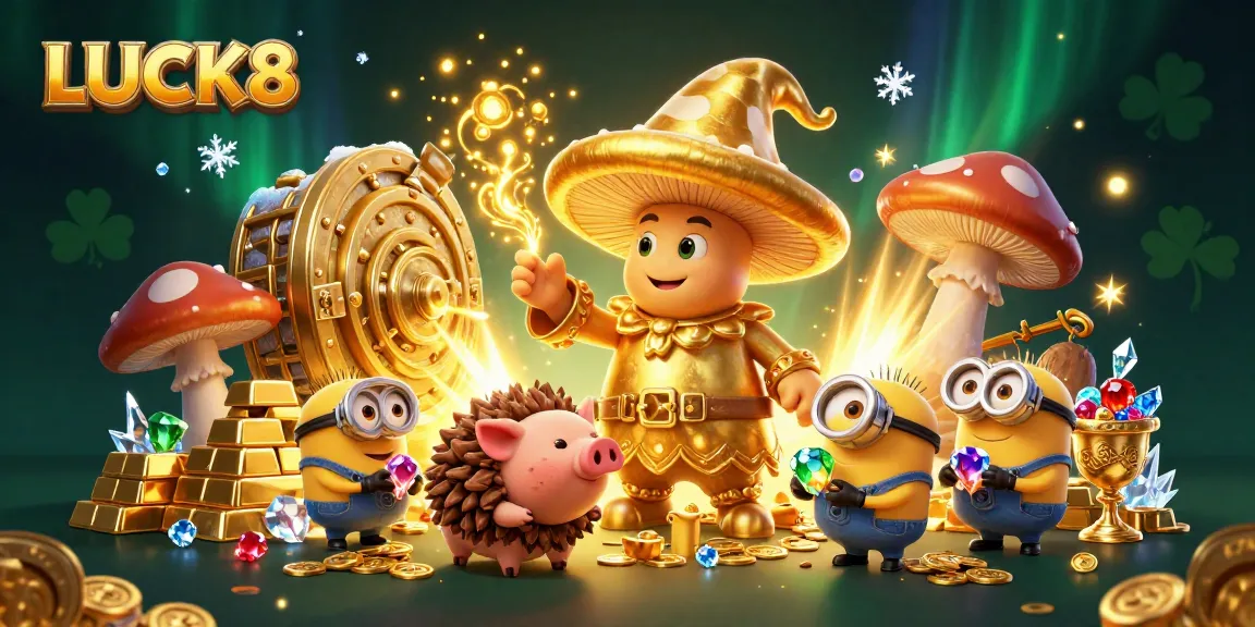 LUCK8 offers an engaging scene of a golden wizard and treasures in a vibrant casino environment.