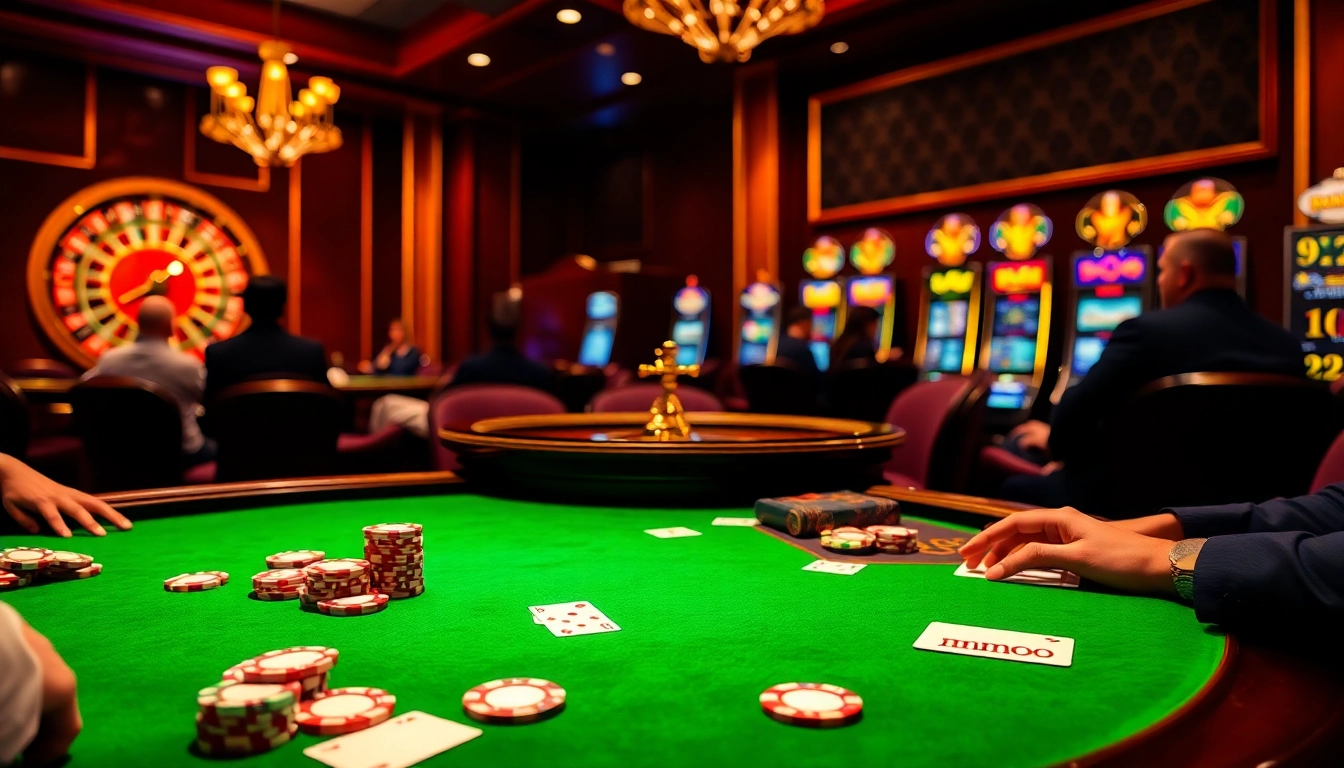 Players enjoying the excitement of mmoo casino games at a vibrant poker table.
