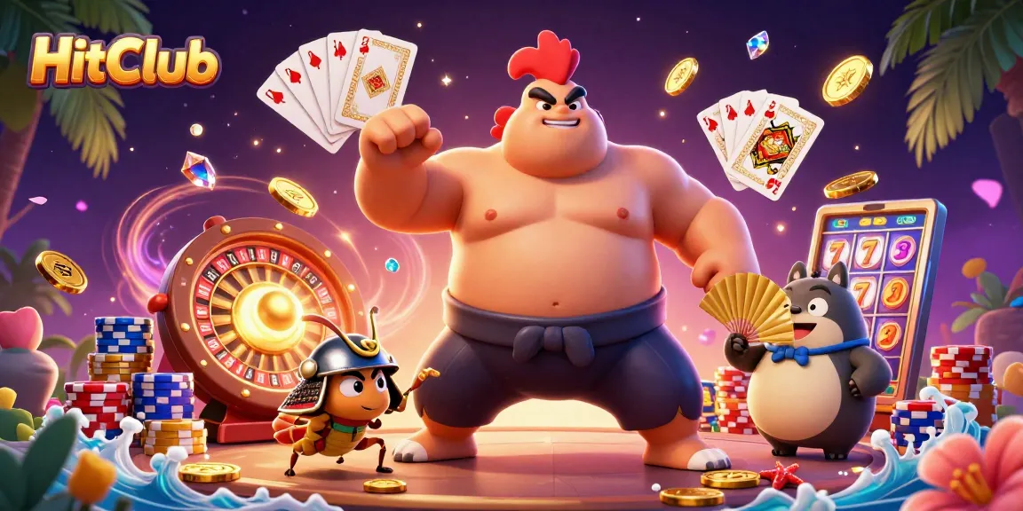 HitClub's exhilarating gaming experience showcases dynamic characters, gold coins, and vibrant casino elements.