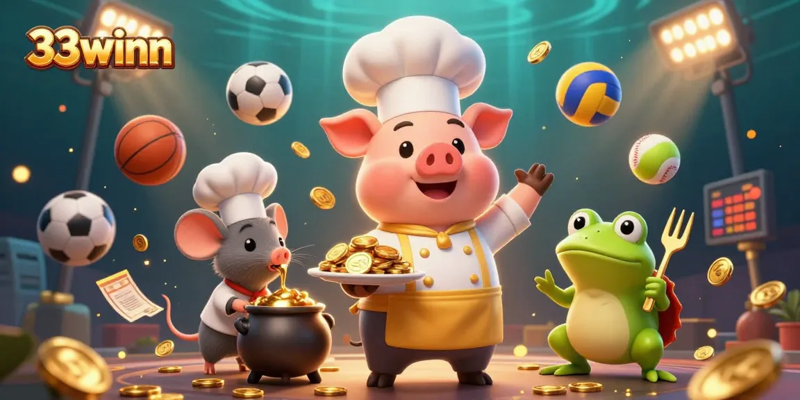 Engage in thrilling games with 33winn, showcasing chefs, gold coins, and sports elements.