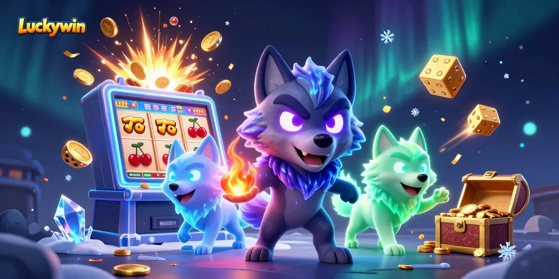 Spin the Luckywin slot machine with a dazzling jackpot featuring the wolf characters and casino elements.
