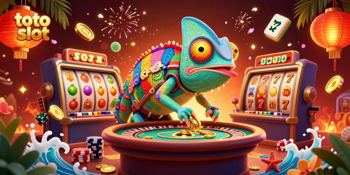 Experience thrilling adventures with toto slot as a chameleon casino owner captures golden coins amidst festive decorations.
