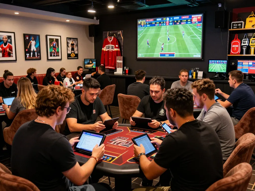 Dynamic gambling scene showcasing tỷ lệ kèo nhà cái during an exciting sports betting session with engaged bettors analyzing odds.