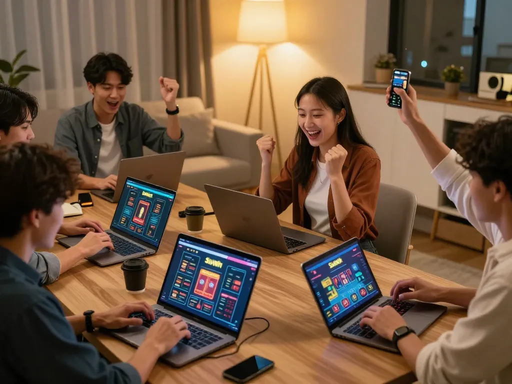 Sunwin players enjoying online casino games together in a cozy modern setup.
