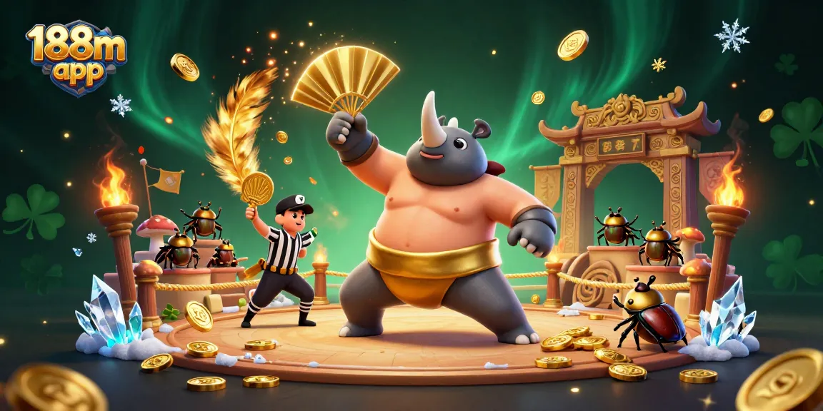 Experience the vibrant excitement of the 188m app with flying coins and dynamic characters in a captivating casino scene.