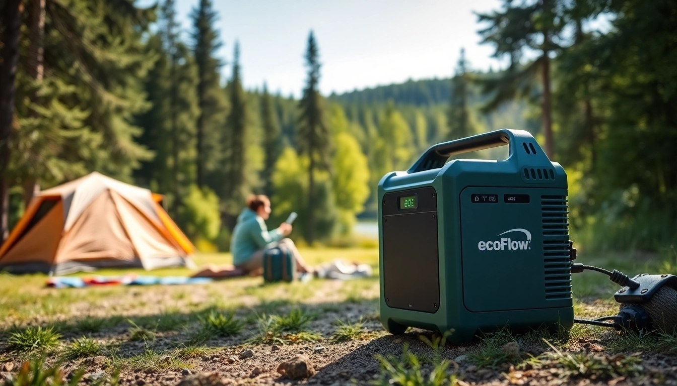 EcoFlow portable power stations powering devices in a serene camping scene.