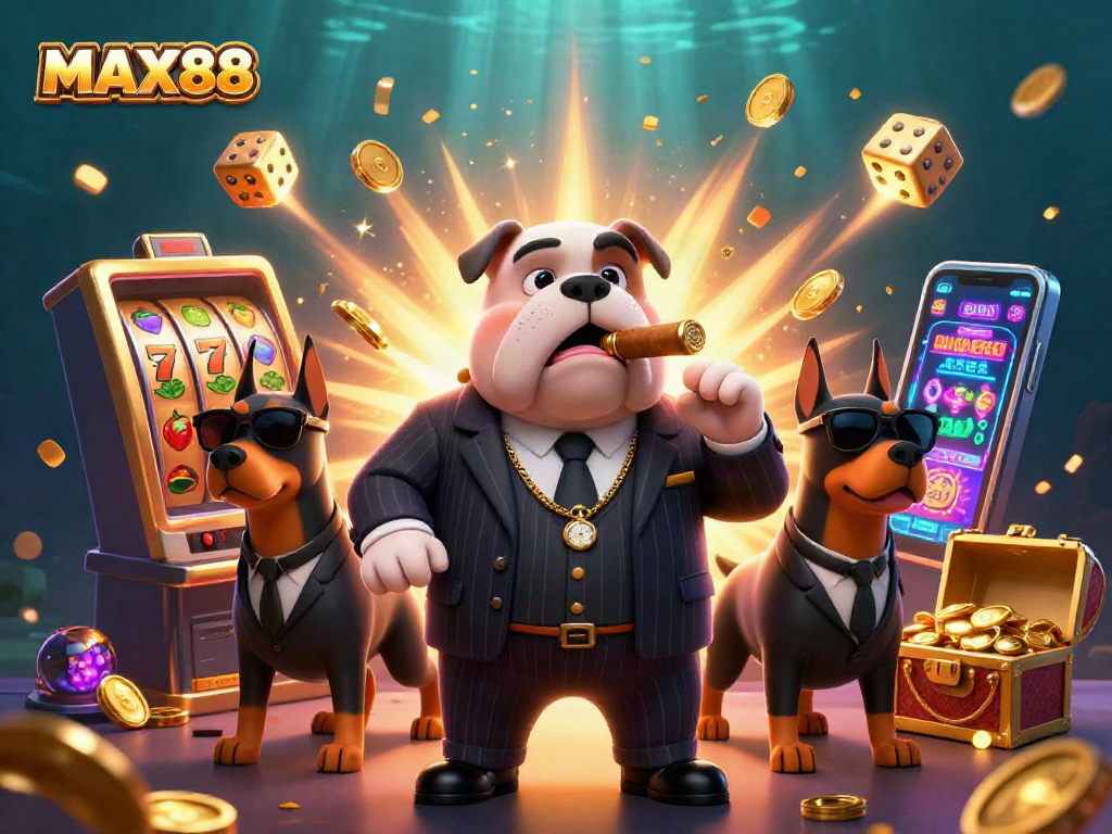 MAX88's exciting casino scene with a mafia bulldog and Dobermans amidst a jackpot explosion