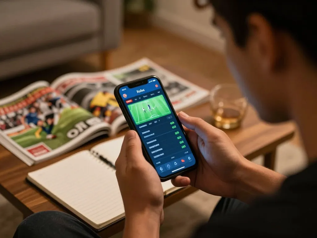 Xoilac mobile betting experience with live football odds in a cozy home setting.