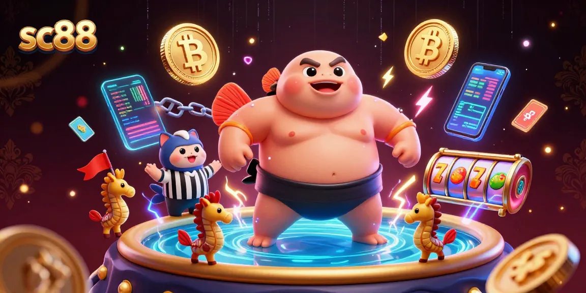 Engage with sc88's thrilling underwater casino featuring a fugu in a sumo belt and crypto elements.