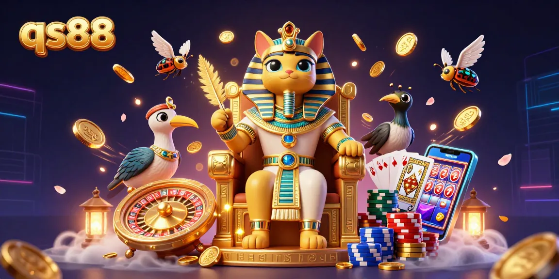 qs88 gaming experience with dynamic symbols, including coins and cards amid vibrant visuals