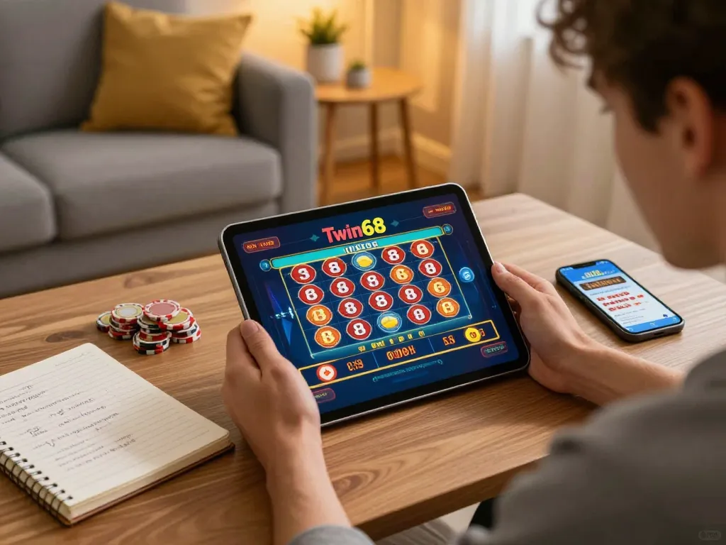 Twin68 player enjoying online gaming on a tablet with strategies and app in cozy home.