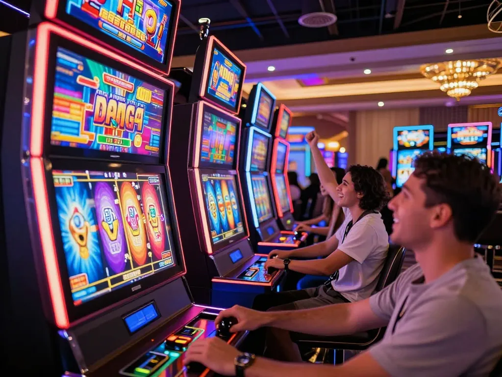 Cwin players enjoying colorful slot machines in a lively casino atmosphere, celebrating wins and engaging in gaming.