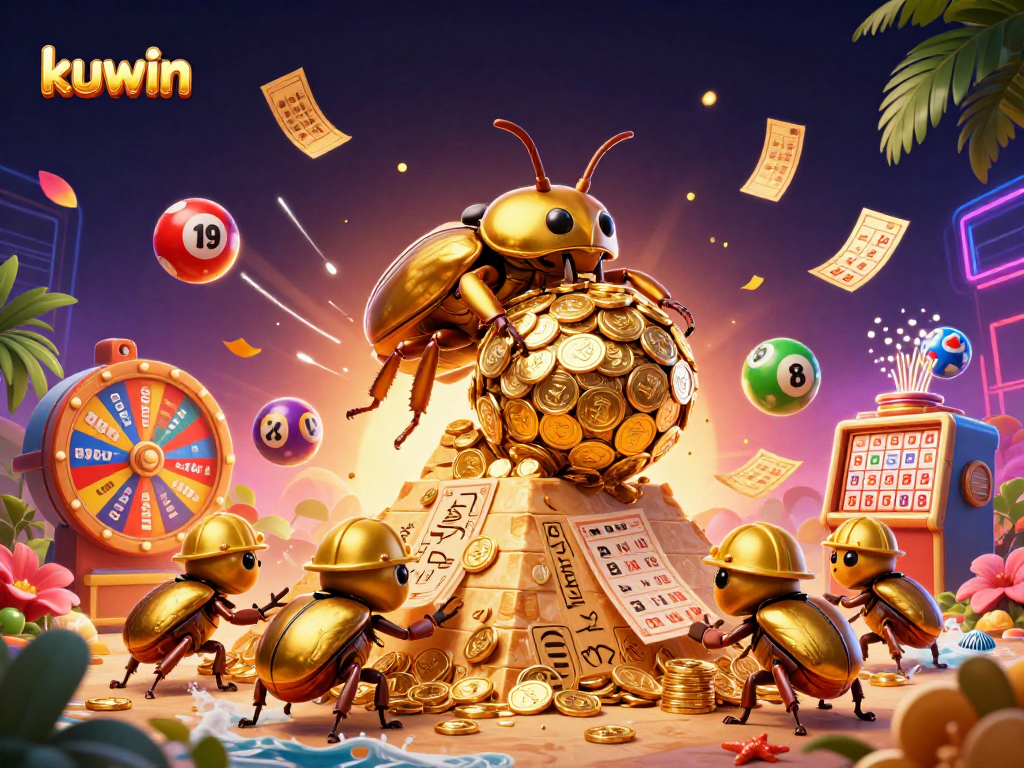 kuwin showcases excitement and winnings with a golden beetle theme illustration full of gambling elements.
