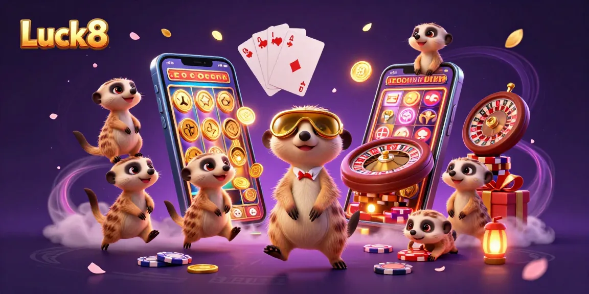 Experience the excitement of gambling at Luck8, featuring colorful slot games, dynamic casino elements, and playful meerkats.