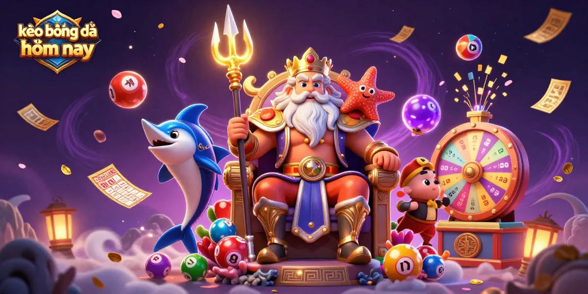 Bet on kèo bóng đá hôm nay with vibrant lottery elements and a dynamic 3D sea king theme.