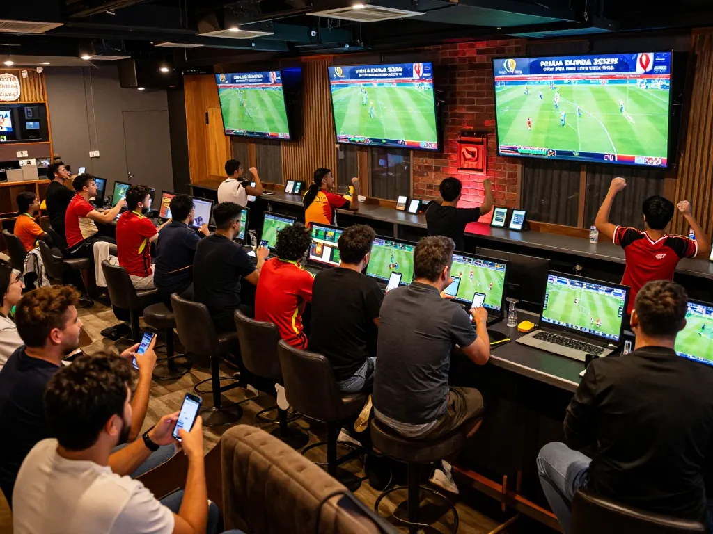 SBOBET enthusiasts placing bets on mobile devices during a thrilling soccer match viewing