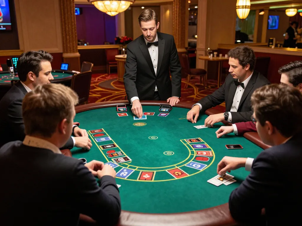 F168 players strategizing their bets at a blackjack table in a vibrant casino