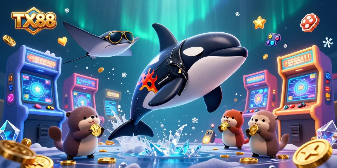 Unleash fun with TX88, where an orca and friends showcase vibrant gaming elements amidst underwater excitement.