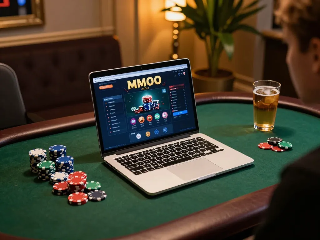 MMOO online gaming interface displayed on a modern laptop, showcasing competitive betting options and vibrant graphics