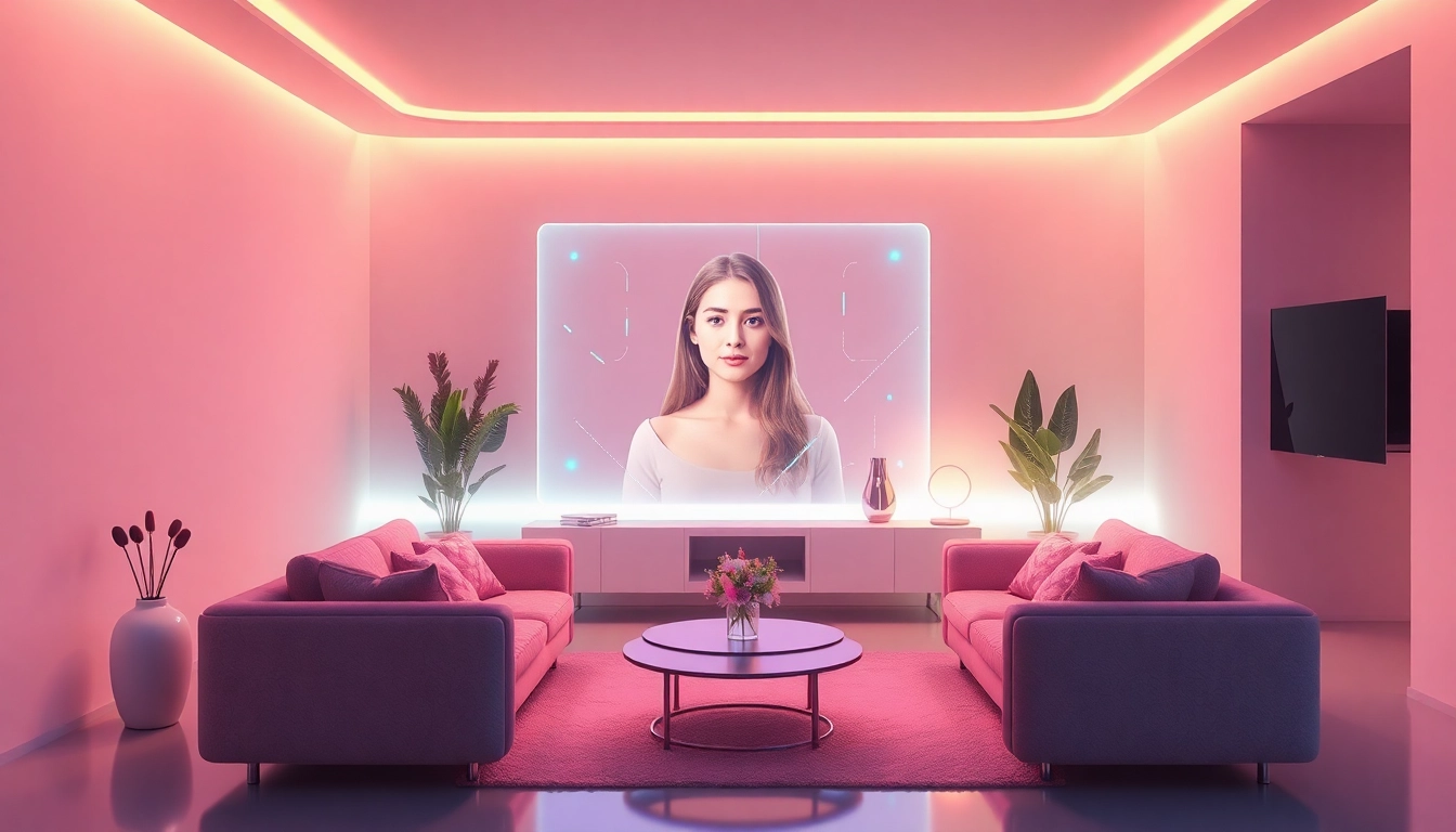 AI girlfriend engagement in a serene digital living room setting