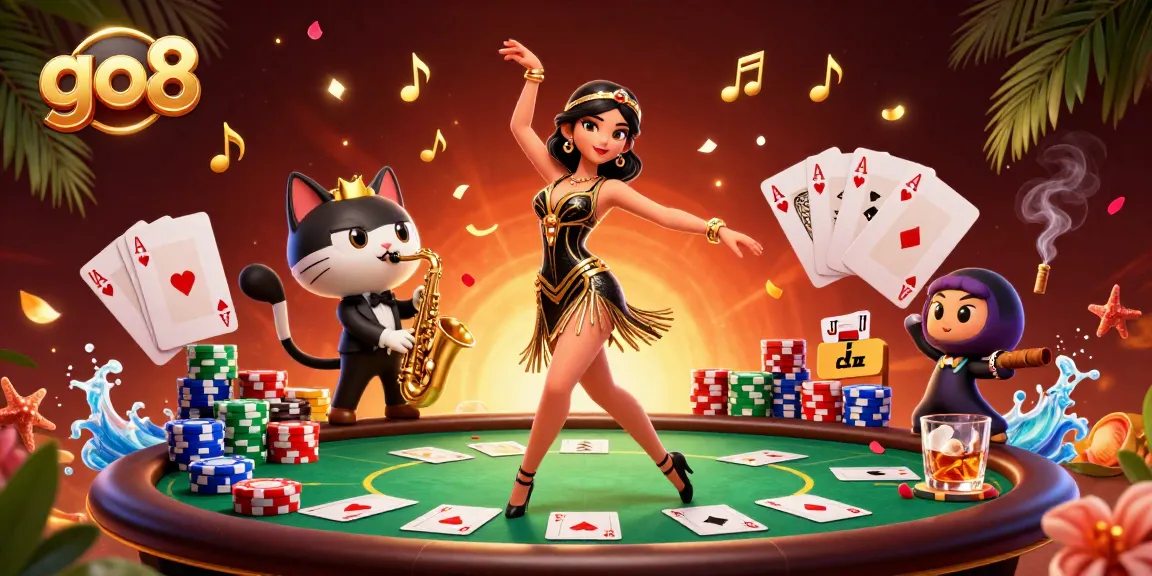 Engage with go8's thrilling poker scene, featuring a dancing woman and saxophone cat amid vibrant casino elements.