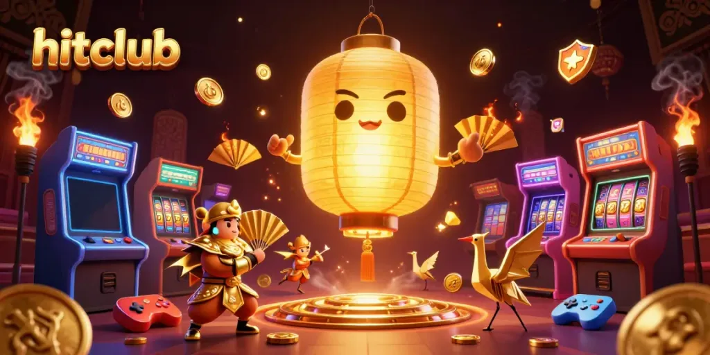 The hitclub scene features a glowing golden lantern spirit floating above a vibrant casino ambiance with arcade machines and slot reels.