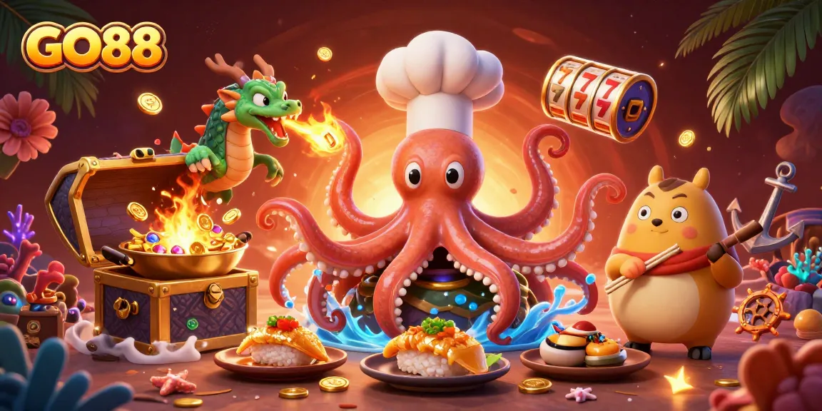 Engage with GO88's vibrant casino excitement featuring a dynamic scene of an octopus chef and dragon amid gold coins and slot reels.