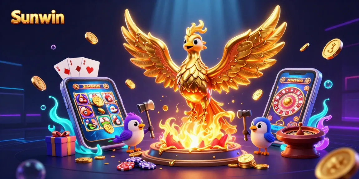 Experience winning with Sunwin's golden phoenix amidst a vibrant casino scene.