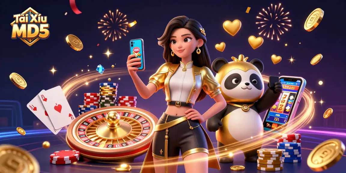 Experience Tài Xỉu MD5 with an Asian woman enjoying casino games, surrounded by riches and joy.