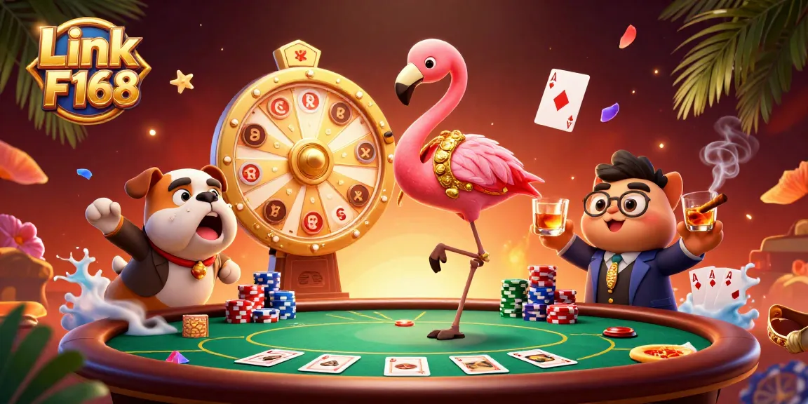 Engage with thrilling moments at Link F168, featuring a vibrant casino scene with excited characters.