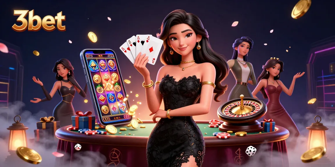 Experience the thrill of 3bet with an elegant woman showcasing two aces in a vibrant casino scene.