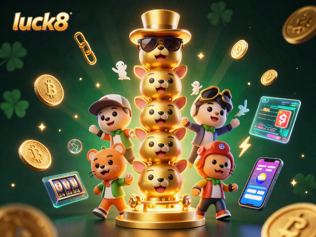Engage in luck8's vibrant casino world with animated characters and crypto elements enhancing the experience.