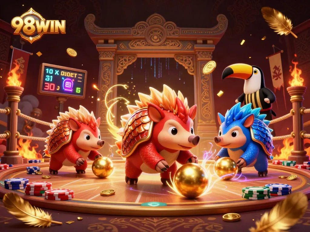 Engage in thrilling action at 98WIN with rival pangolins competing in a vibrant casino scene.